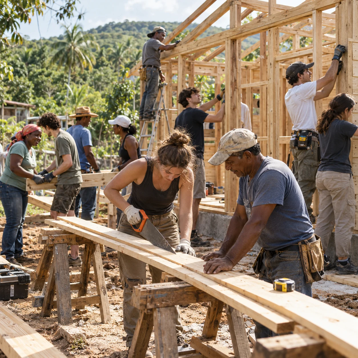 Jóvenes y vecinos dominicanos colaboran en la construcción de una casa de madera